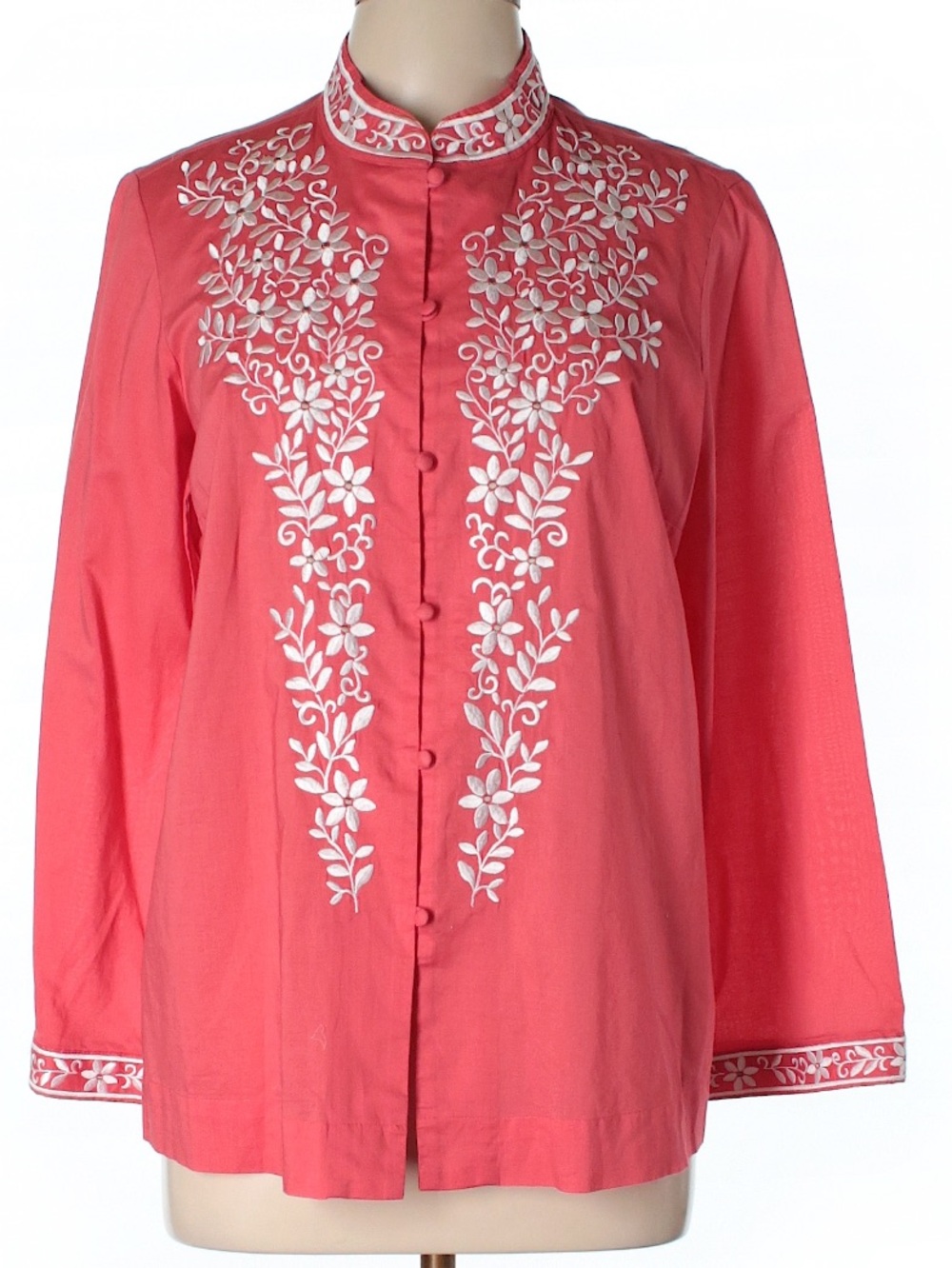 Coral Embroidered Mandarin Collar Women's Top